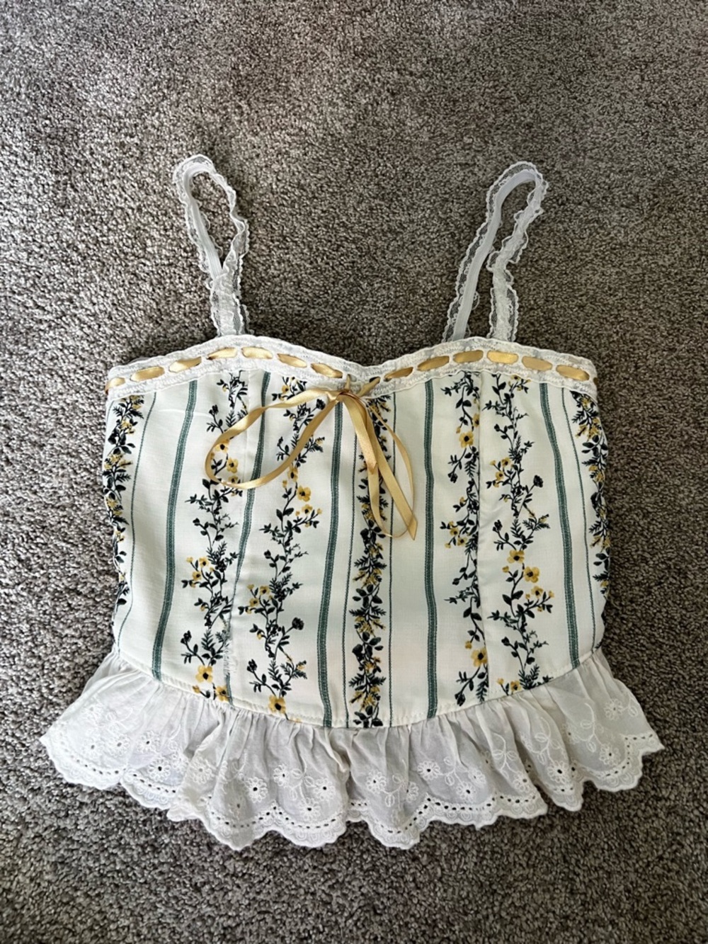 White Floral Lace-Trim Cami with Yellow Ribbon Accent